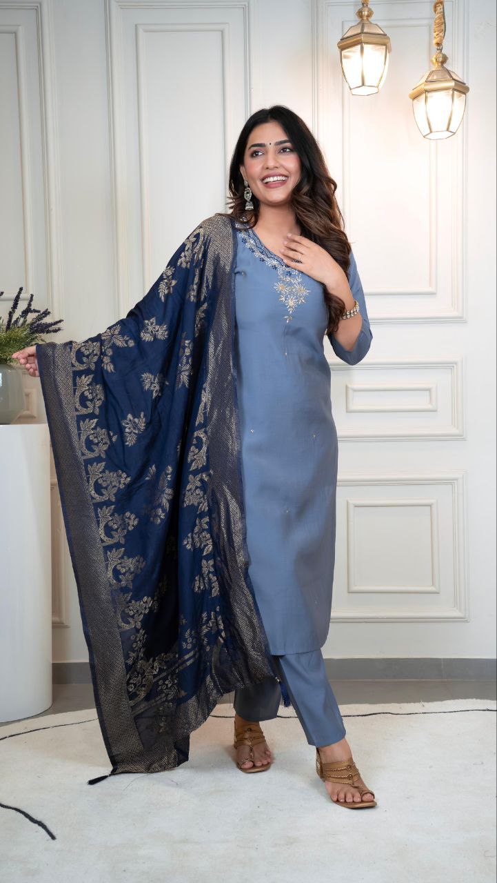 Dusty Blue Kurta Set with Navy Blue Dupatta – Elegant Women’s Ethnic Wear