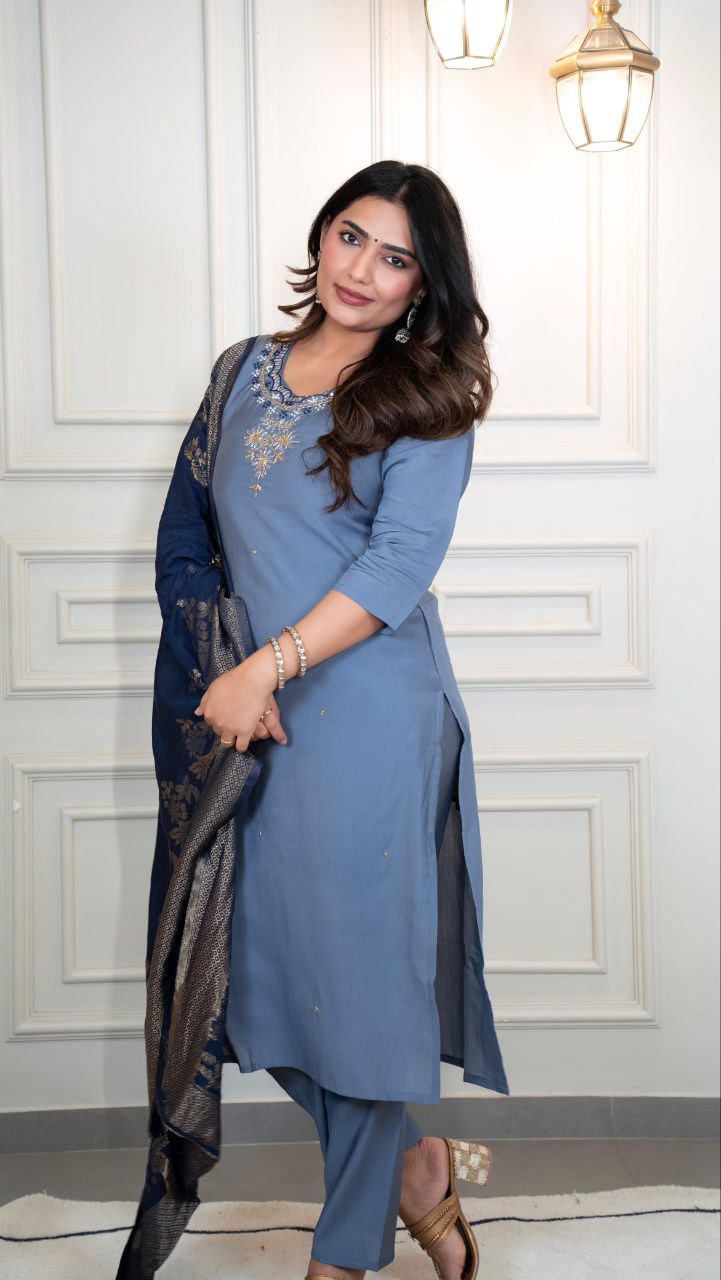Dusty Blue Kurta Set with Navy Blue Dupatta – Elegant Women’s Ethnic Wear