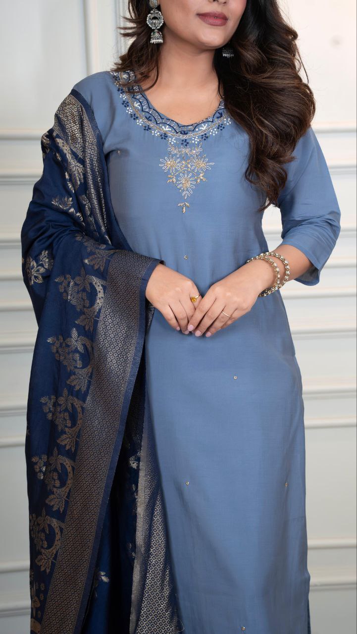 Dusty Blue Kurta Set with Navy Blue Dupatta – Elegant Women’s Ethnic Wear