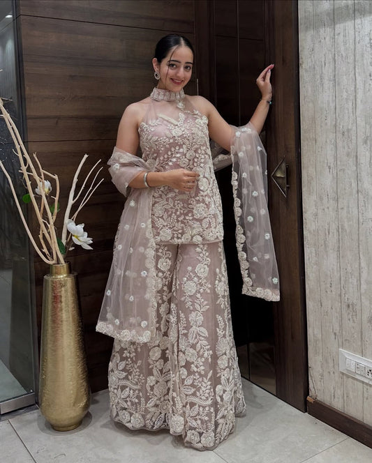 Party Wear Halter Neck Kurta And Plazzo Set Dupatta In Butterfly Net With Sequence Embroidery Work by My Store