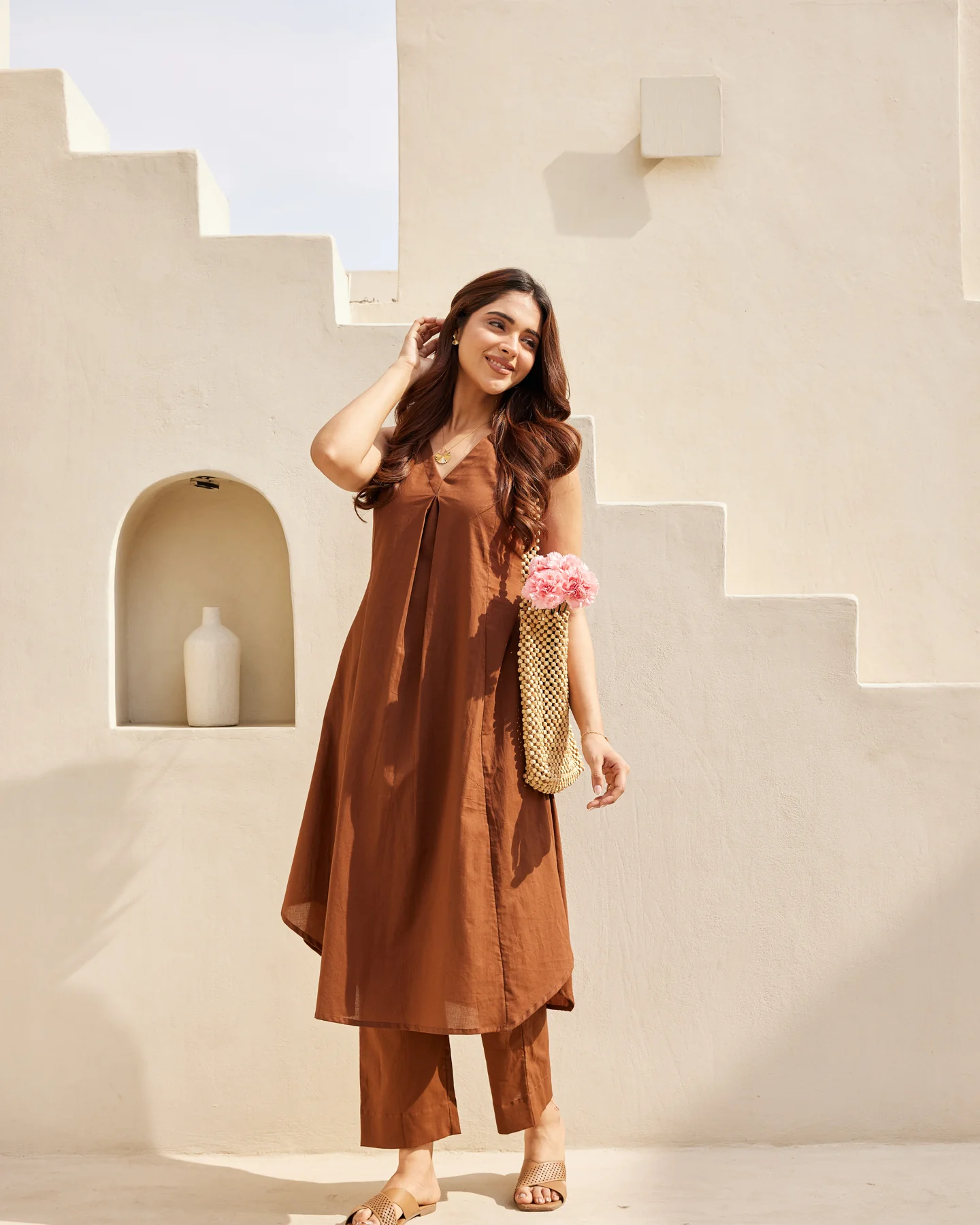 Trending Brown V-neack Kurta Set