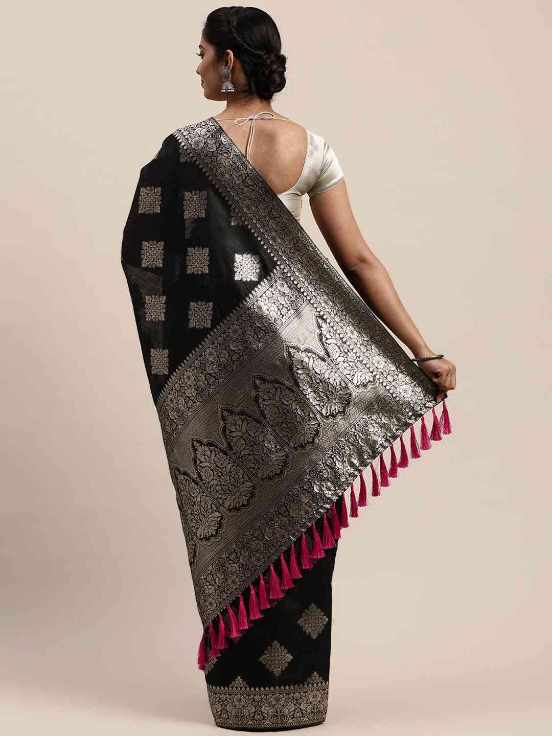 Stylish Black Colour Woven Design Cotton Saree by My Store