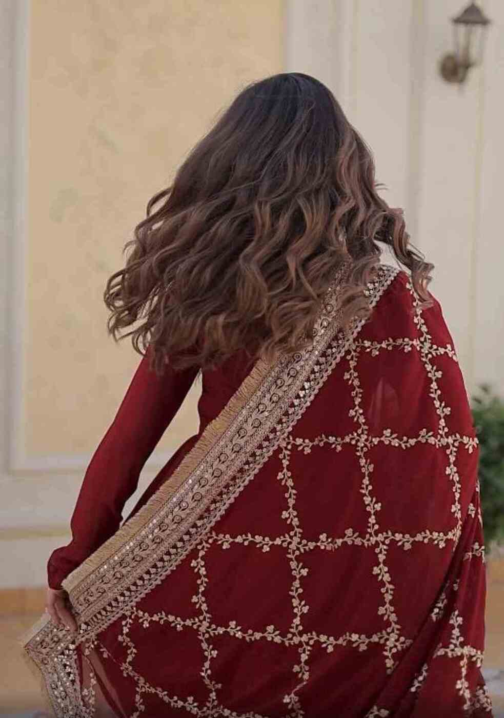 Party Wear Georgette Maroon Gown Set
