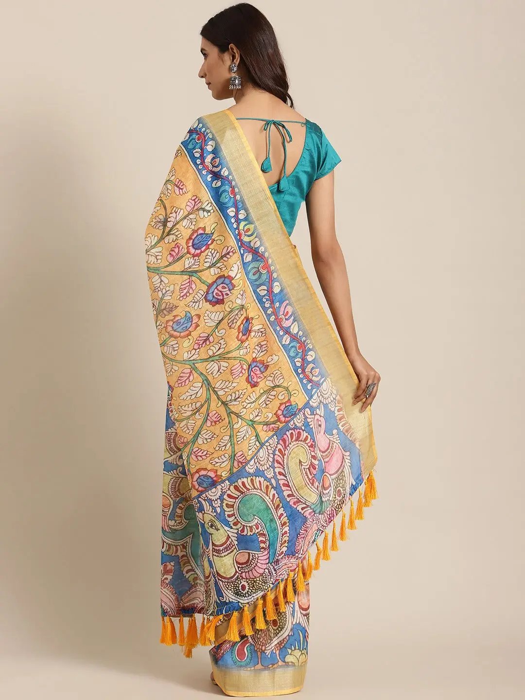 Beautiful Linen Blend Blue Colour Kalamkari Print Saree