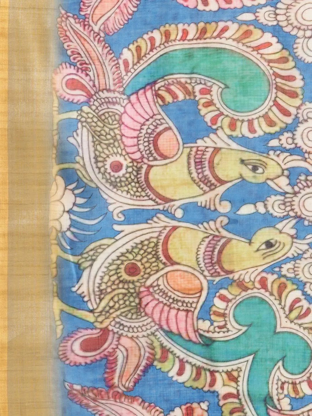 Beautiful Linen Blend Blue Colour Kalamkari Print Saree