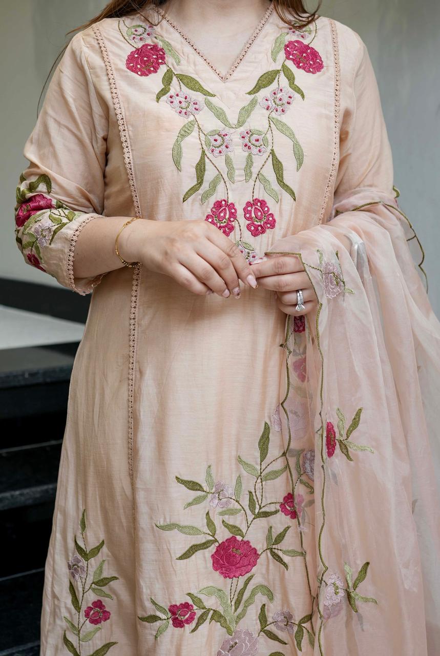 Elegant Peach Embroidered Cotton Kurta Set with Dupatta