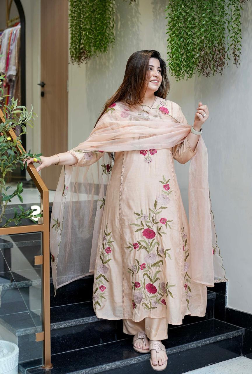 Elegant Peach Embroidered Cotton Kurta Set with Dupatta