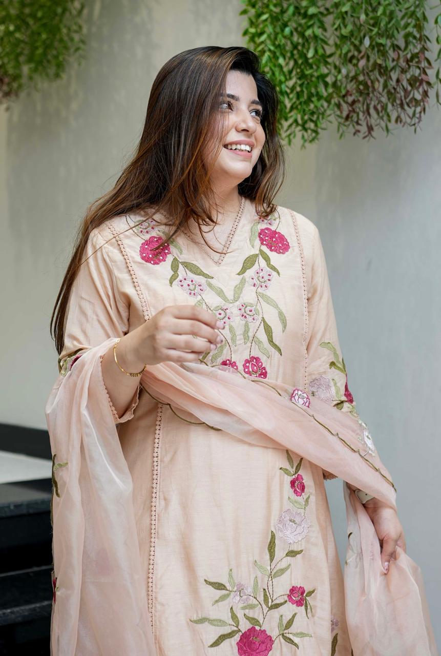 Elegant Peach Embroidered Cotton Kurta Set with Dupatta