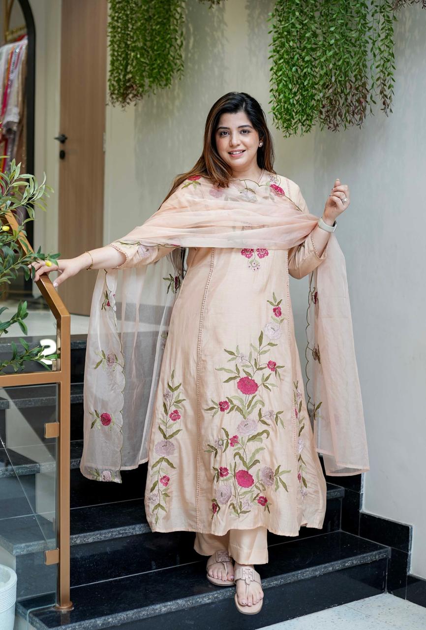Elegant Peach Embroidered Cotton Kurta Set with Dupatta