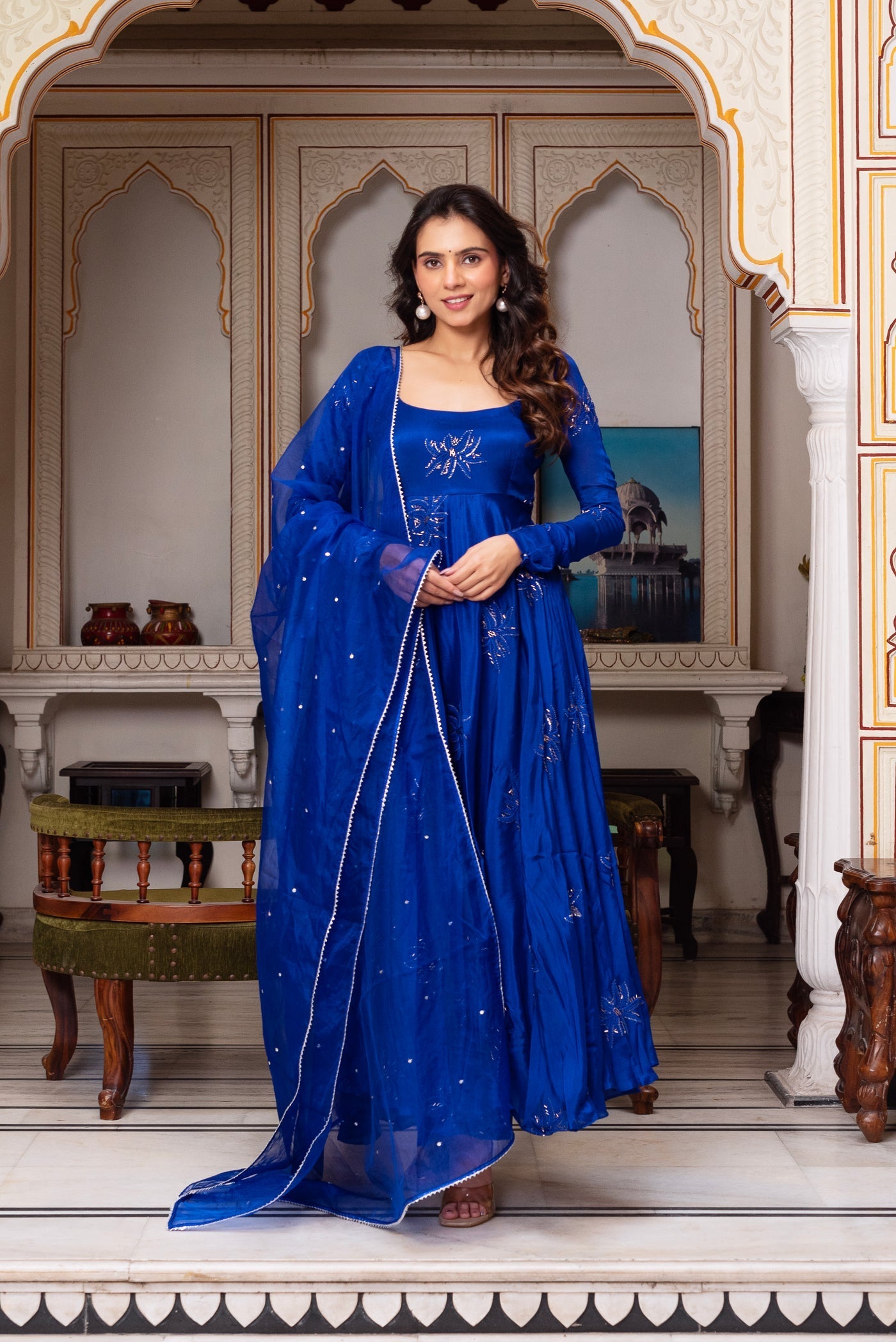 Blue Color Faux Georgette Thred & Sequnce Embroidered Work Anarkali Suit Set by My Store