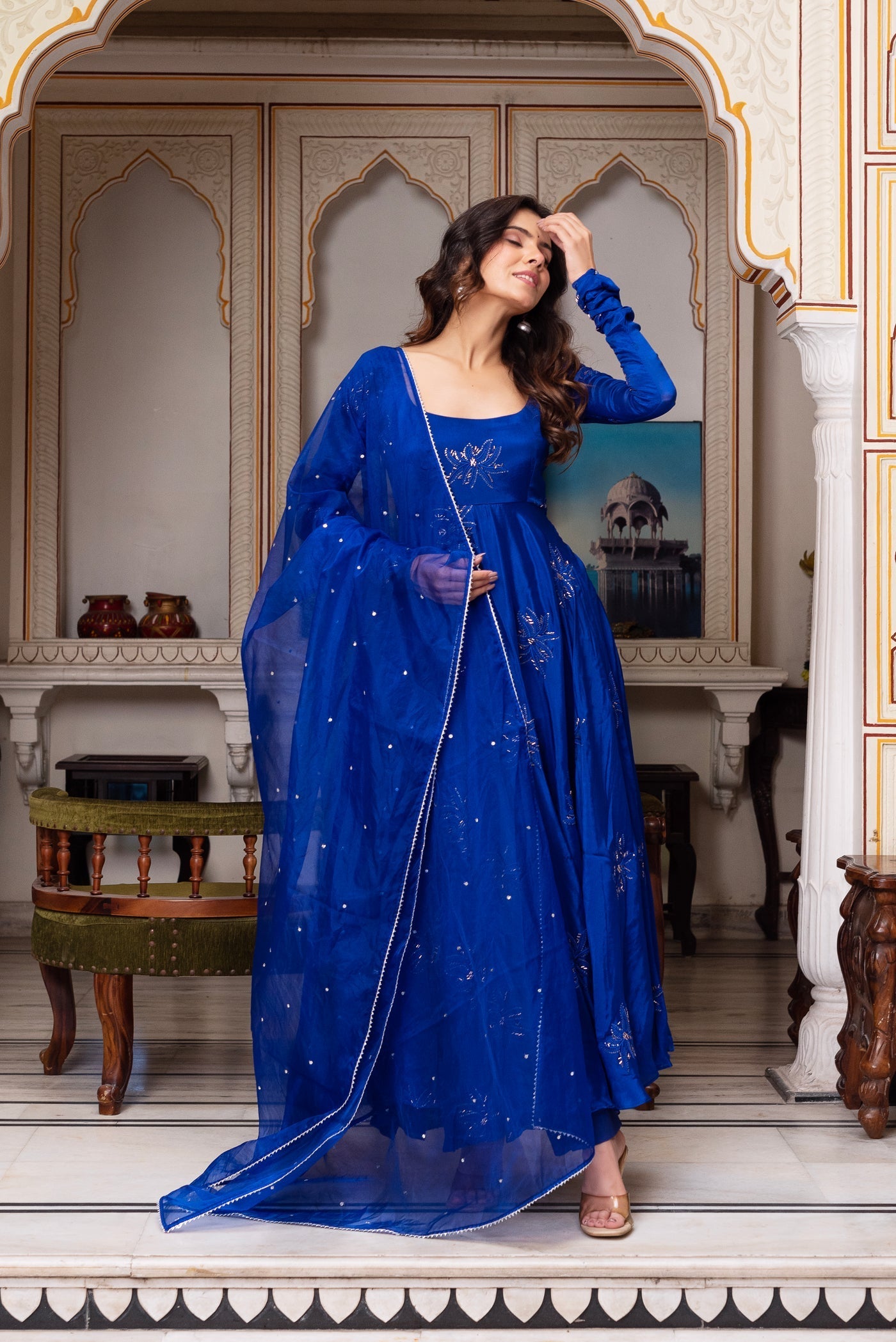 Blue Color Faux Georgette Thred & Sequnce Embroidered Work Anarkali Suit Set by My Store
