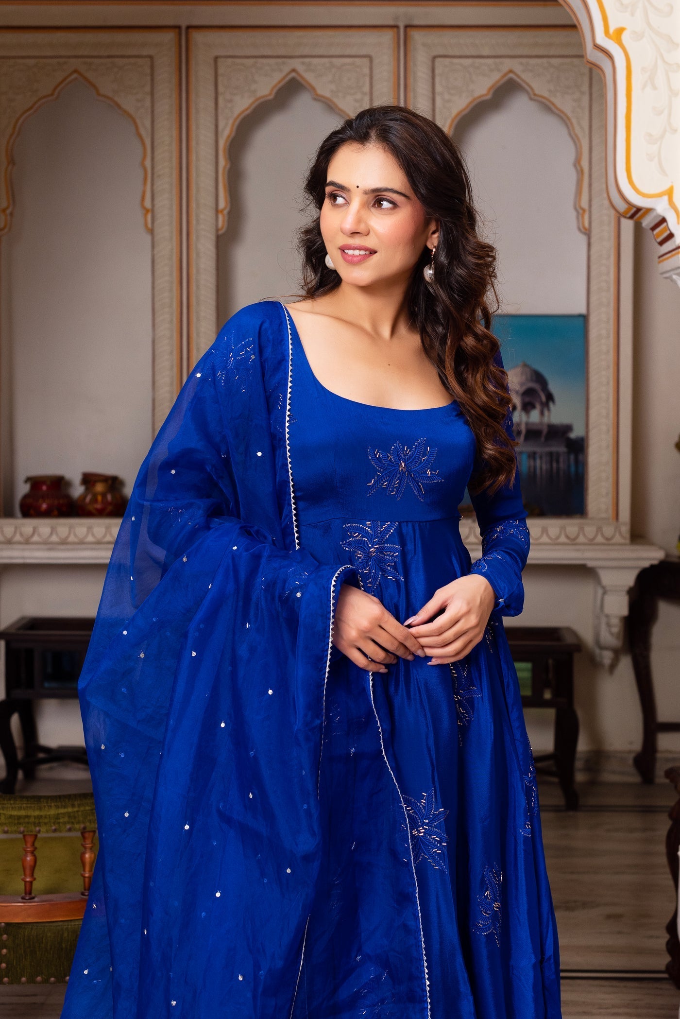 Blue Color Faux Georgette Thred & Sequnce Embroidered Work Anarkali Suit Set by My Store
