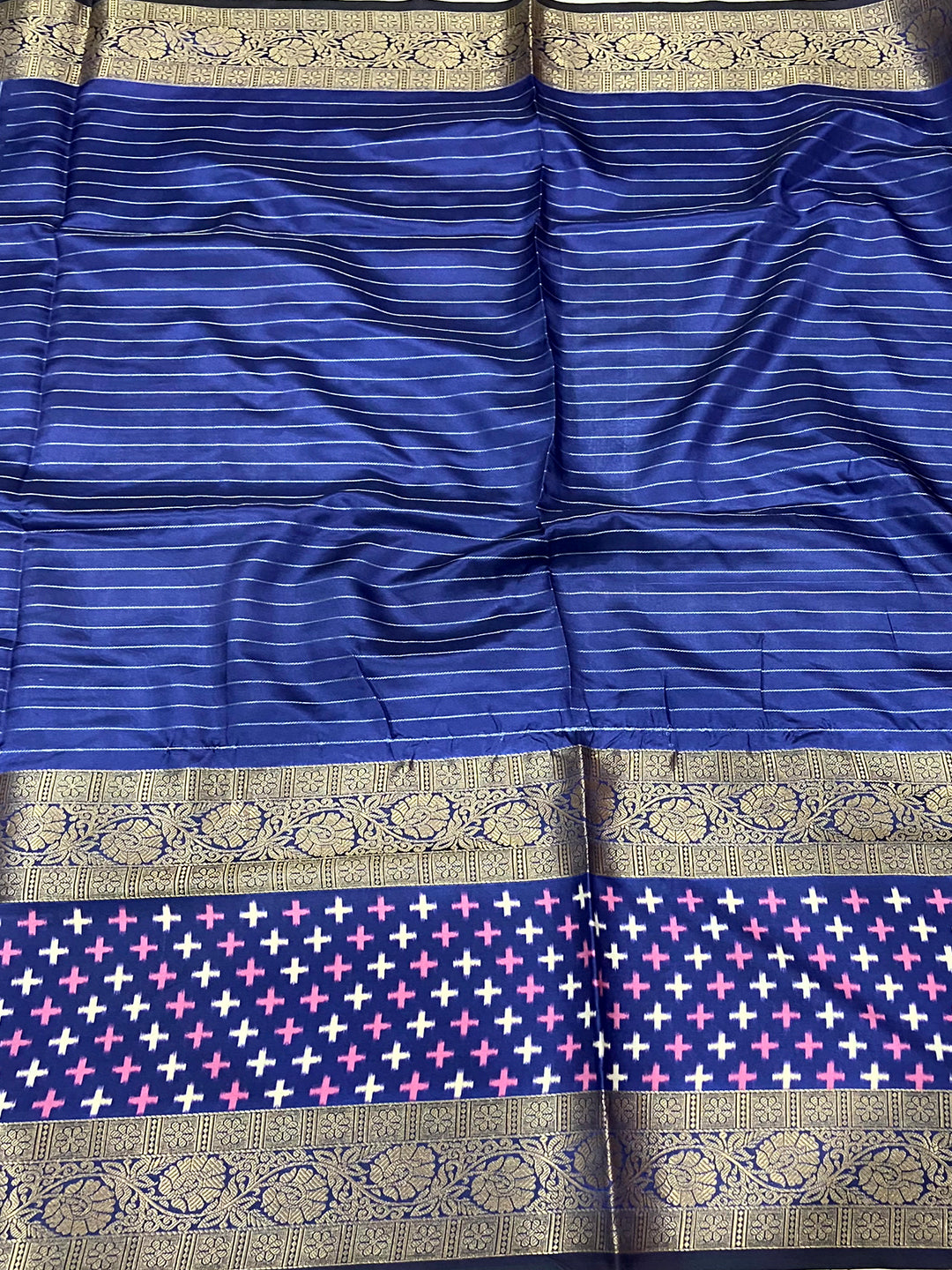 Green Chex Ikkat Saree With Double Border by My Store