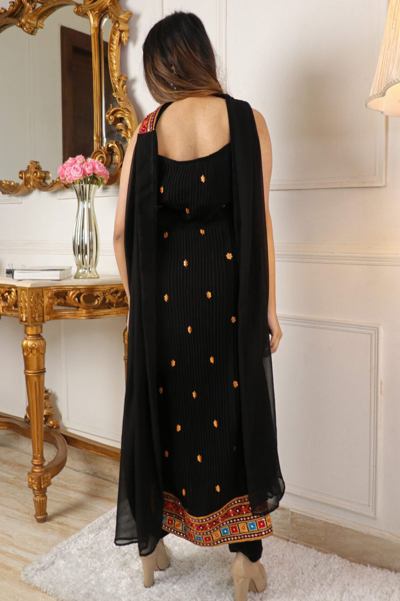 Georgette Embroidery Straight Black Kurta Set
