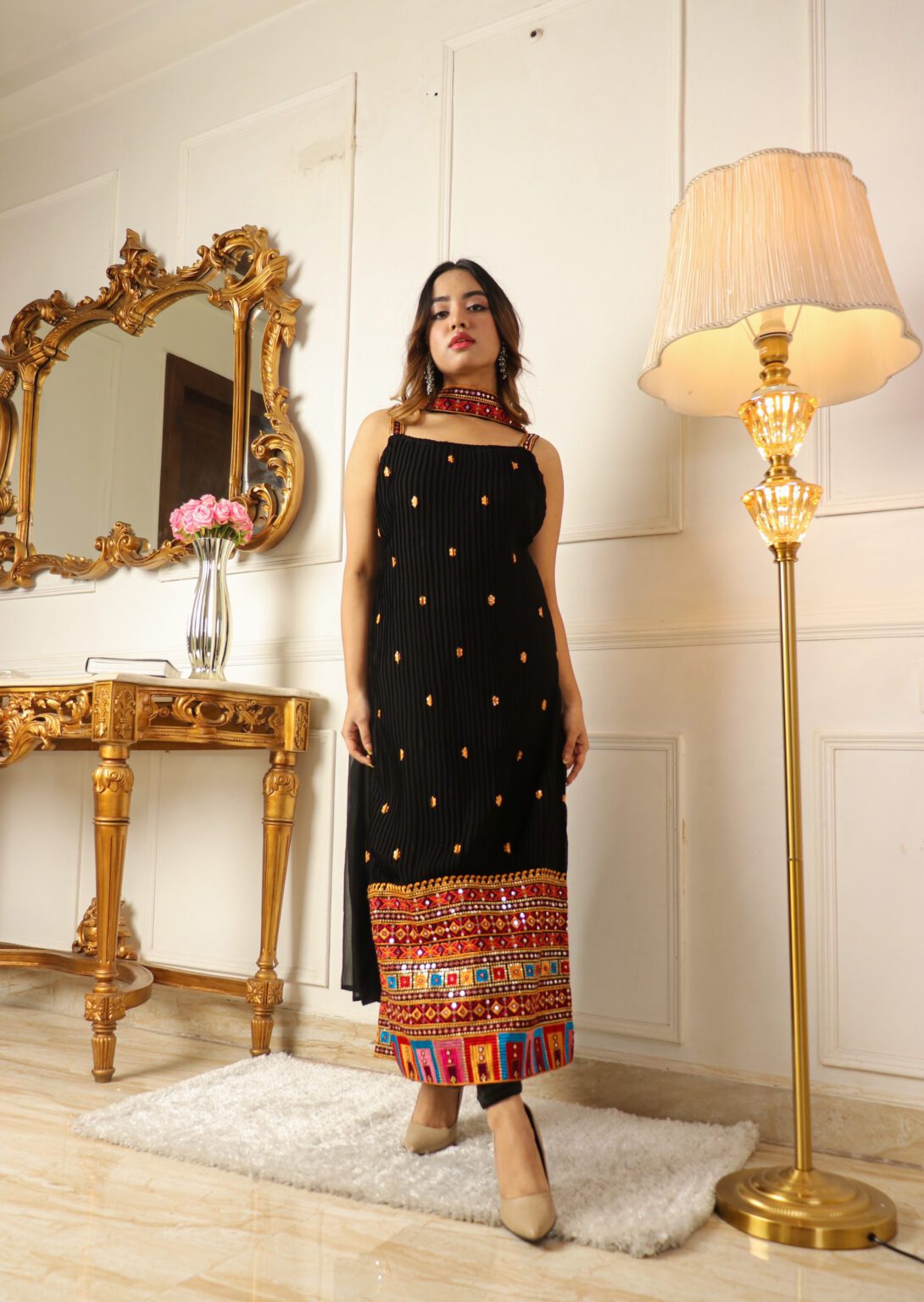 Georgette Embroidery Straight Black Kurta Set