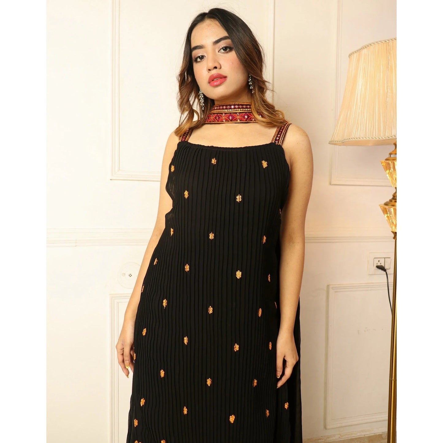 Georgette Embroidery Straight Black Kurta Set