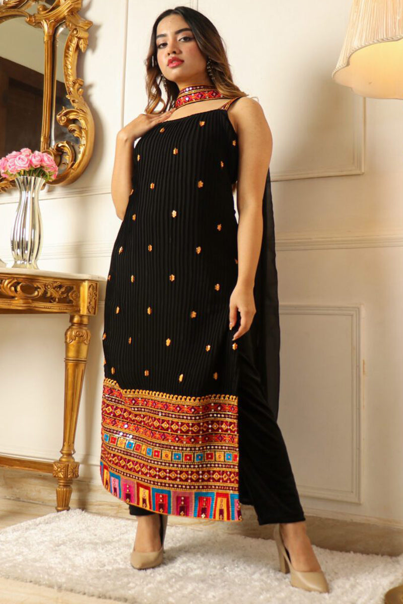 Georgette Embroidery Straight Black Kurta Set