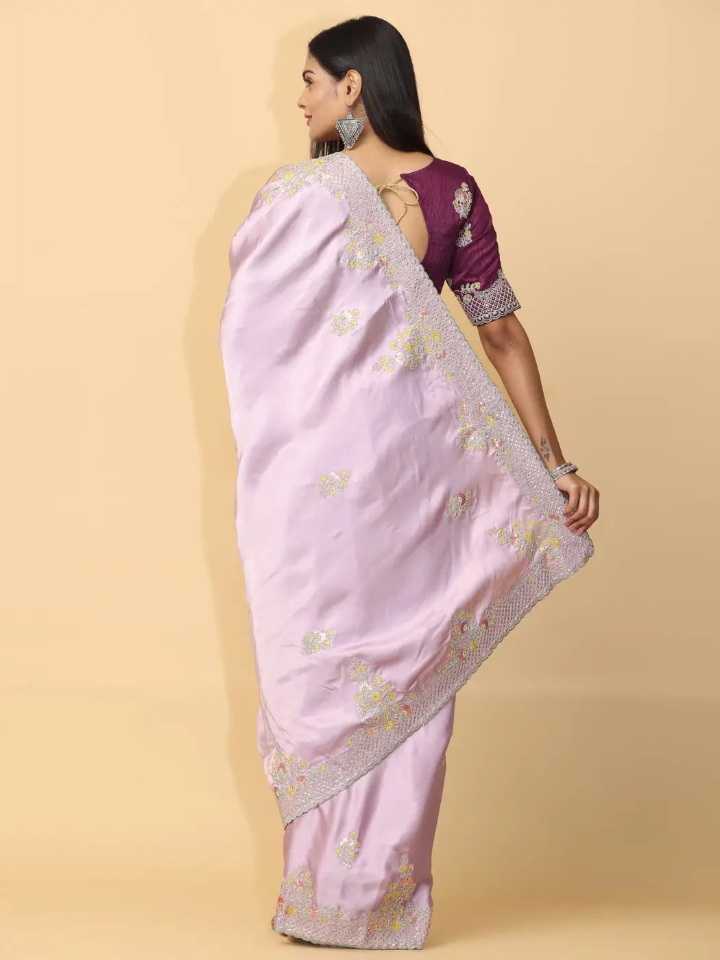 Pastel Lilac Satin Embroidery Saree by My Store