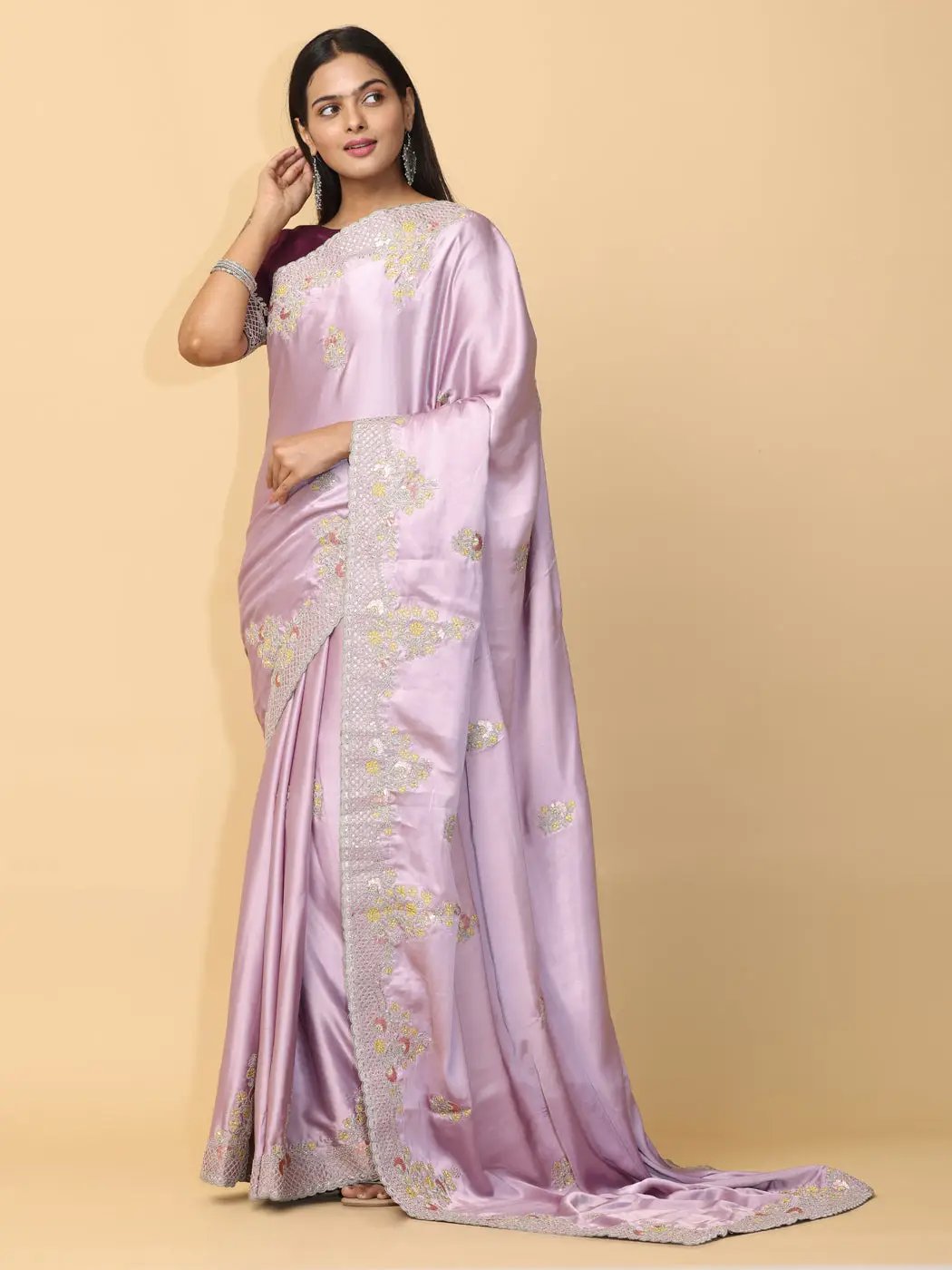 Pastel Lilac Satin Embroidery Saree by My Store