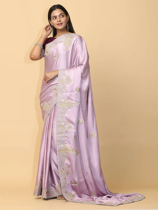 Pastel Lilac Satin Embroidery Saree by My Store