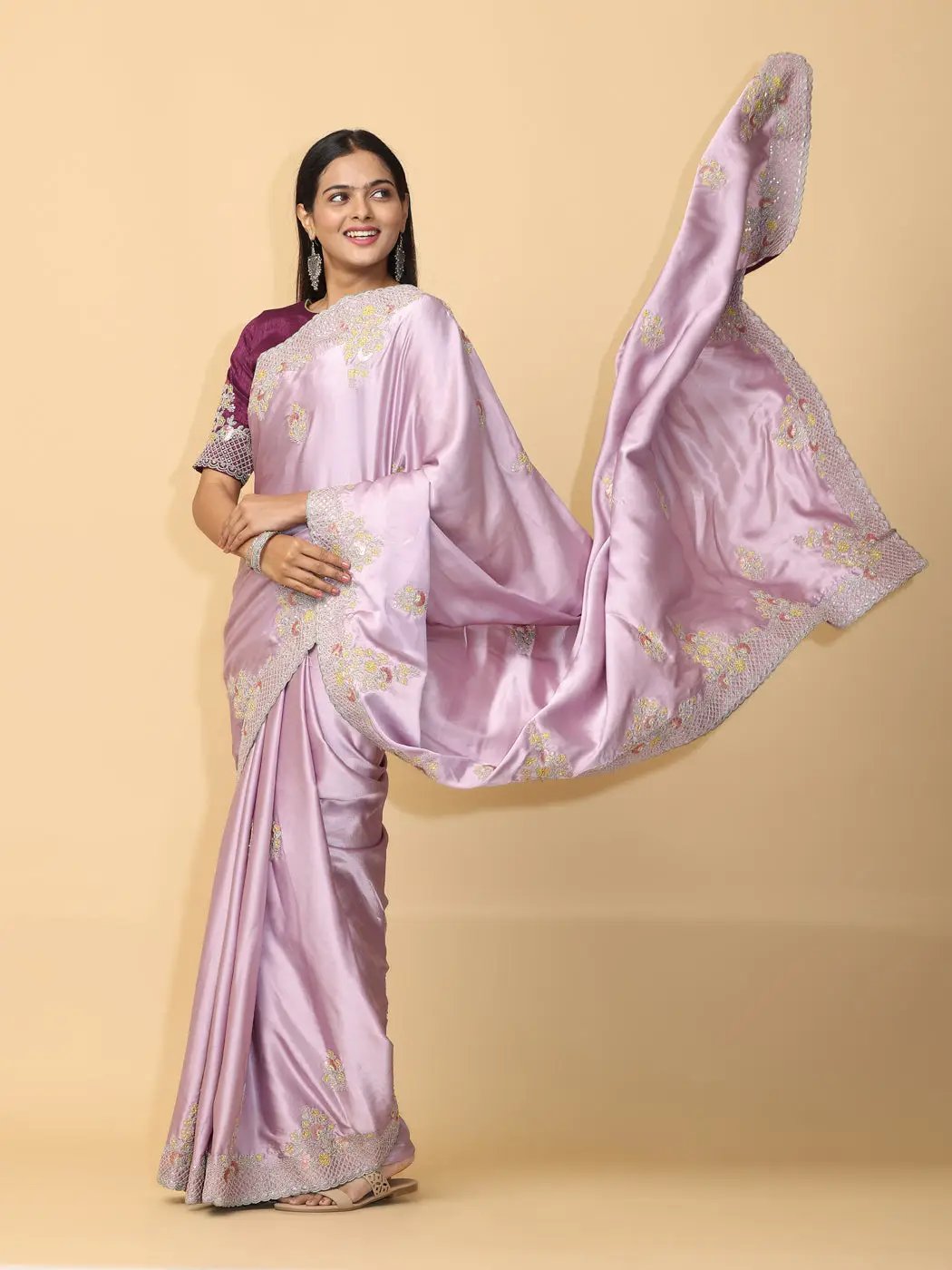 Pastel Lilac Satin Embroidery Saree by My Store