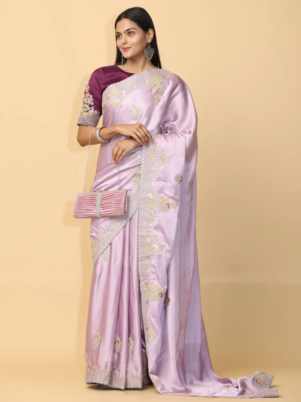 Pastel Lilac Satin Embroidery Saree by My Store