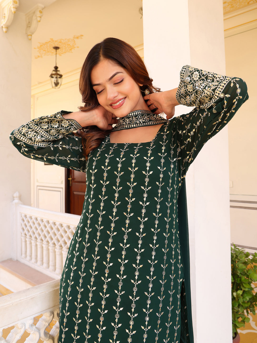 Georgette Party Wear Green Kurta Set