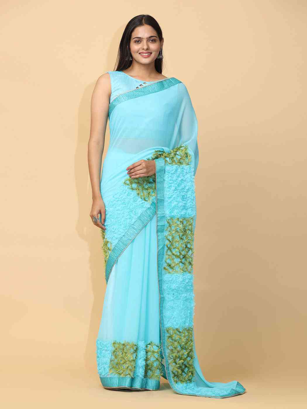 Sky Blue Colour Ribbon Poly Georgette Party Wear Saree by My Store