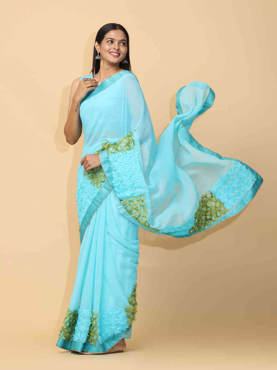 Sky Blue Colour Ribbon Poly Georgette Party Wear Saree by My Store