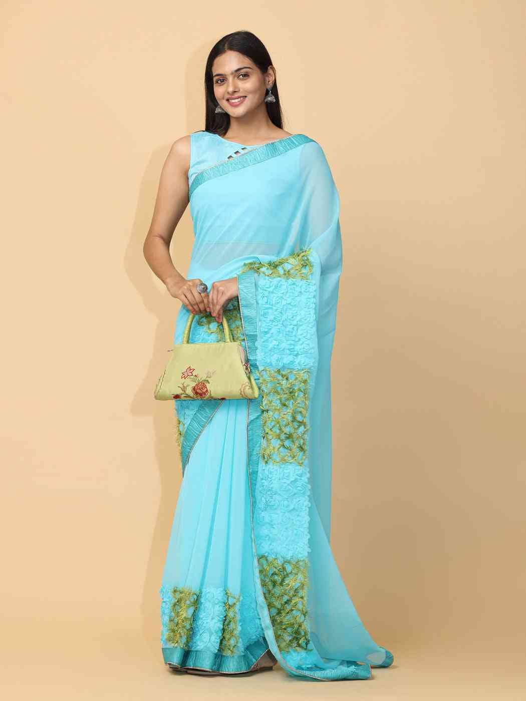 Sky Blue Colour Ribbon Poly Georgette Party Wear Saree by My Store