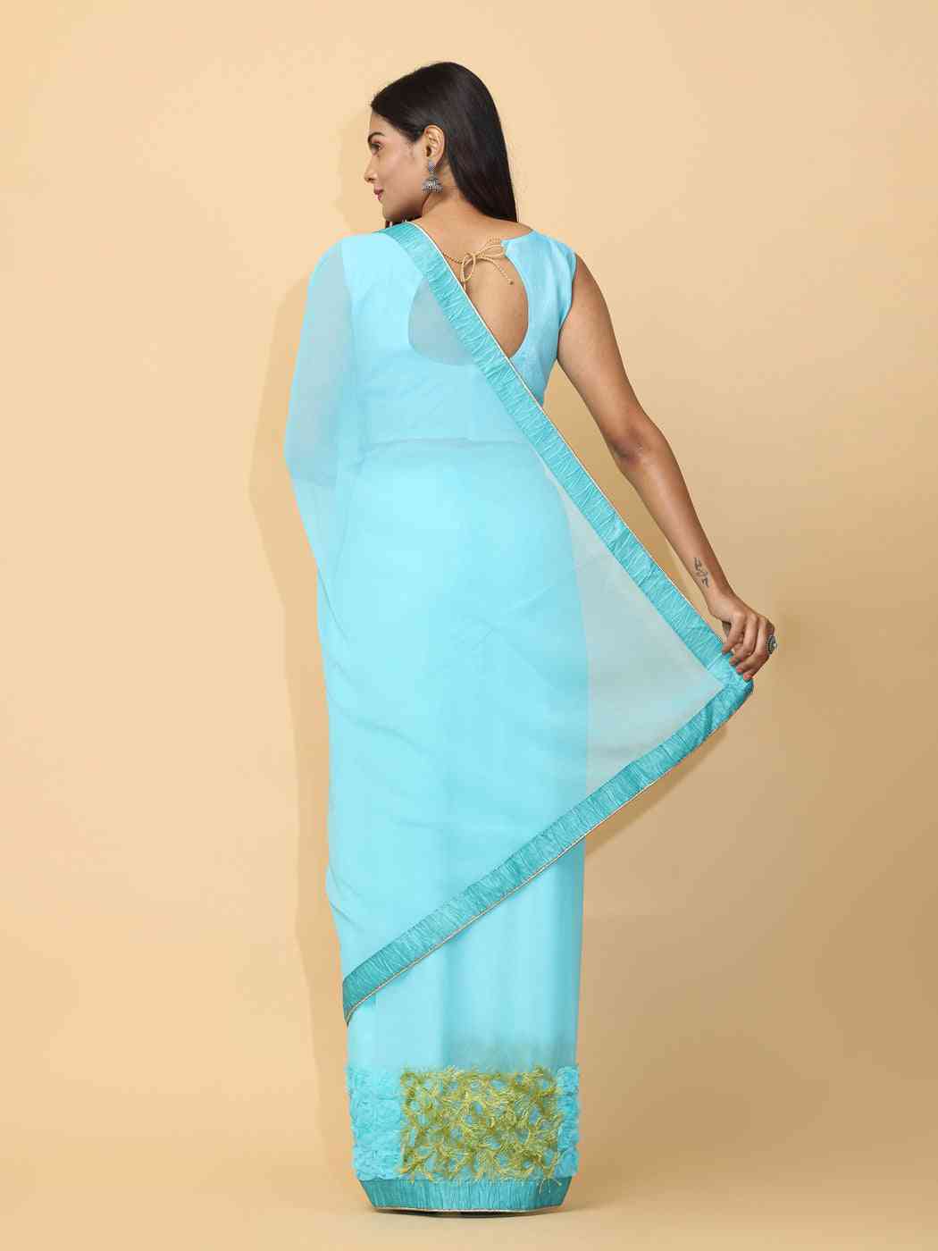 Sky Blue Colour Ribbon Poly Georgette Party Wear Saree by My Store