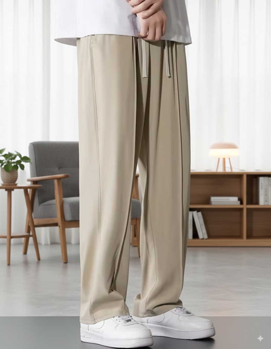Beige Straight fit Pleated Pant with Drawstring