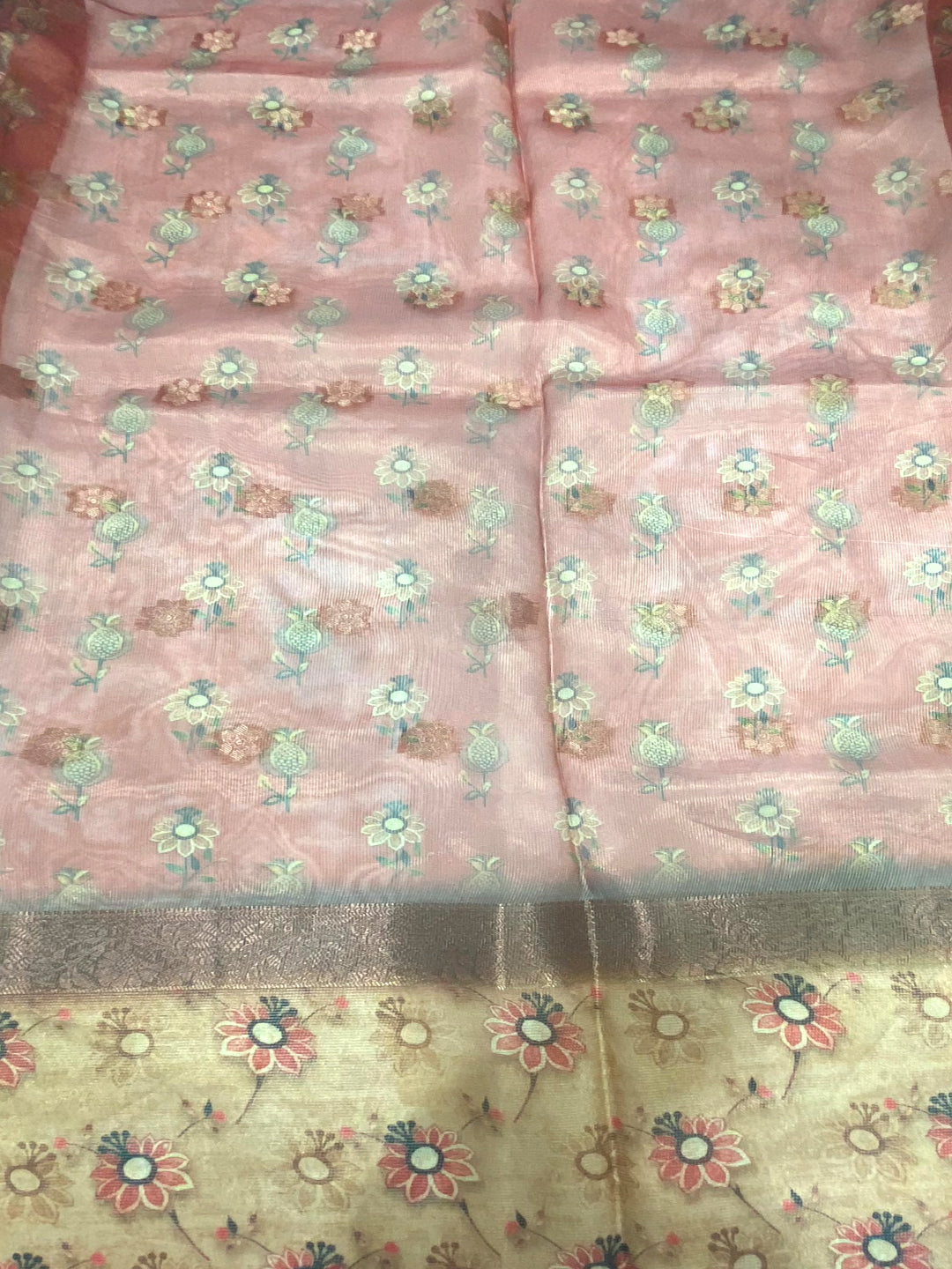 Green Floral Satin Bentex Border Saree by My Store