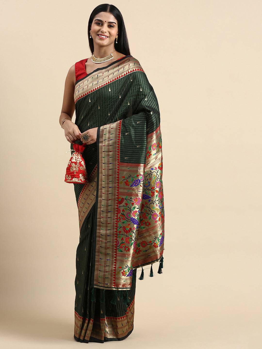 Exquisite Yevla Paithani Green Colour Minakari Work Silk Saree by My Store