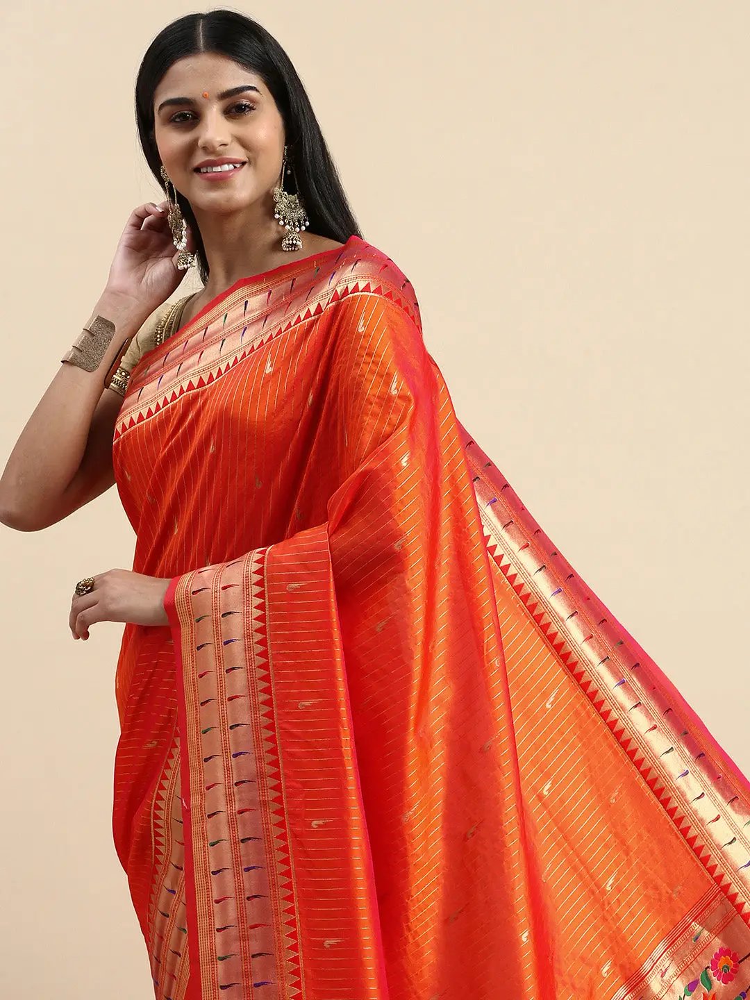 Traditional Yevla Paithani Orange Colour Minakari Work Silk Saree