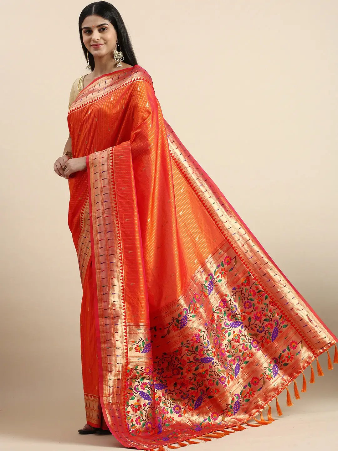 Traditional Yevla Paithani Orange Colour Minakari Work Silk Saree