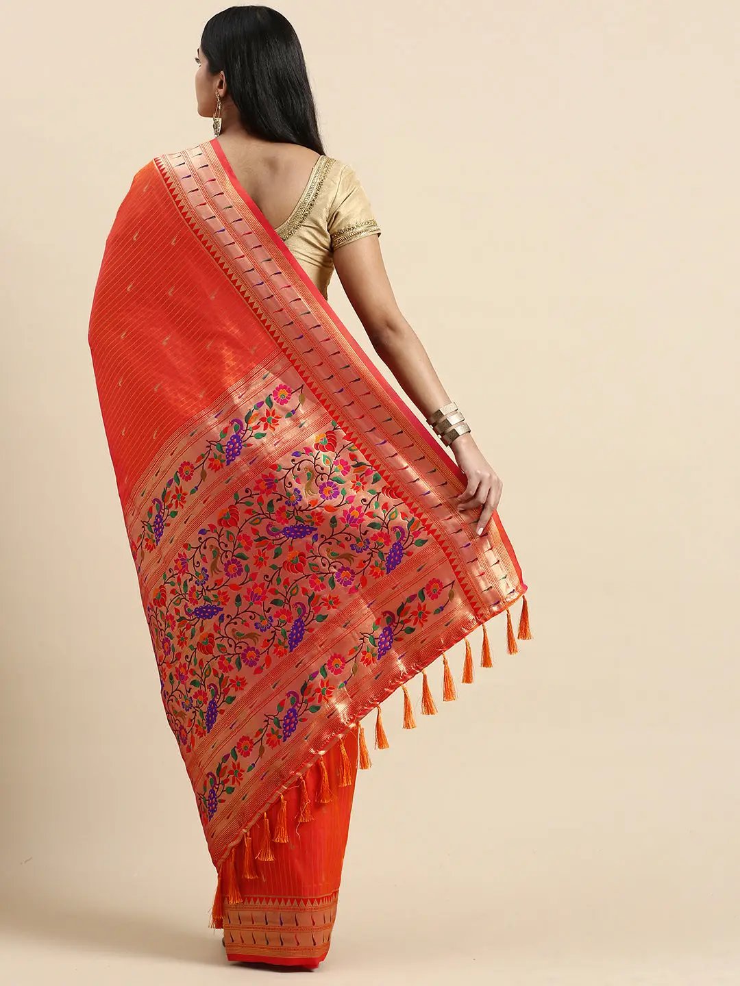 Traditional Yevla Paithani Orange Colour Minakari Work Silk Saree