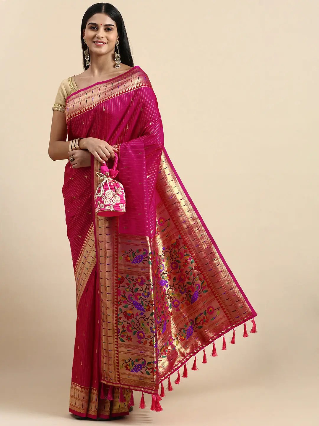 Exquisite Yevla Paithani Minakari Work Silk Saree in Pink Colour by My Store