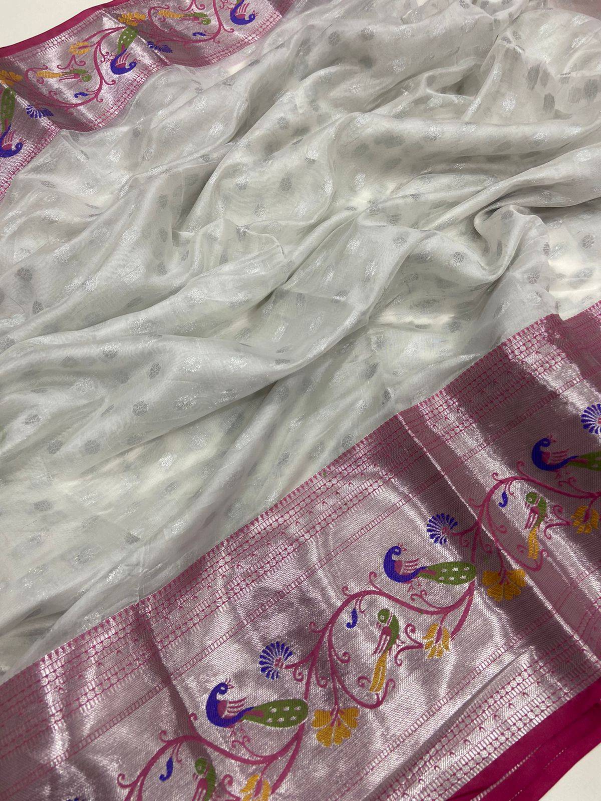 White Pink Organza Kasavu Saree