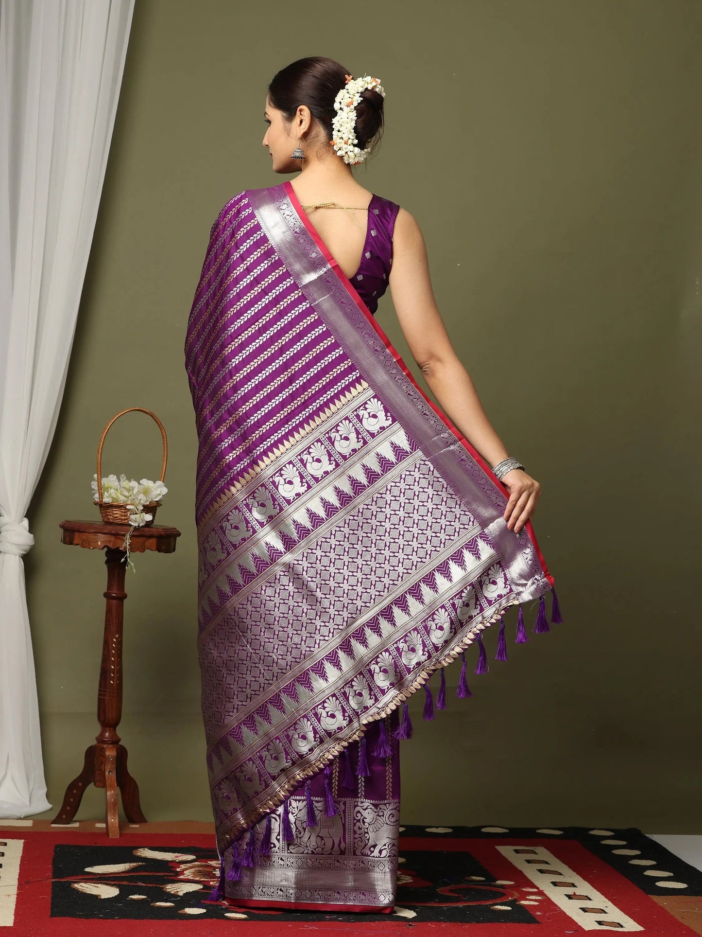 Striped Woven Design Zari Silk Blend Kanjivaram Saree by My Store