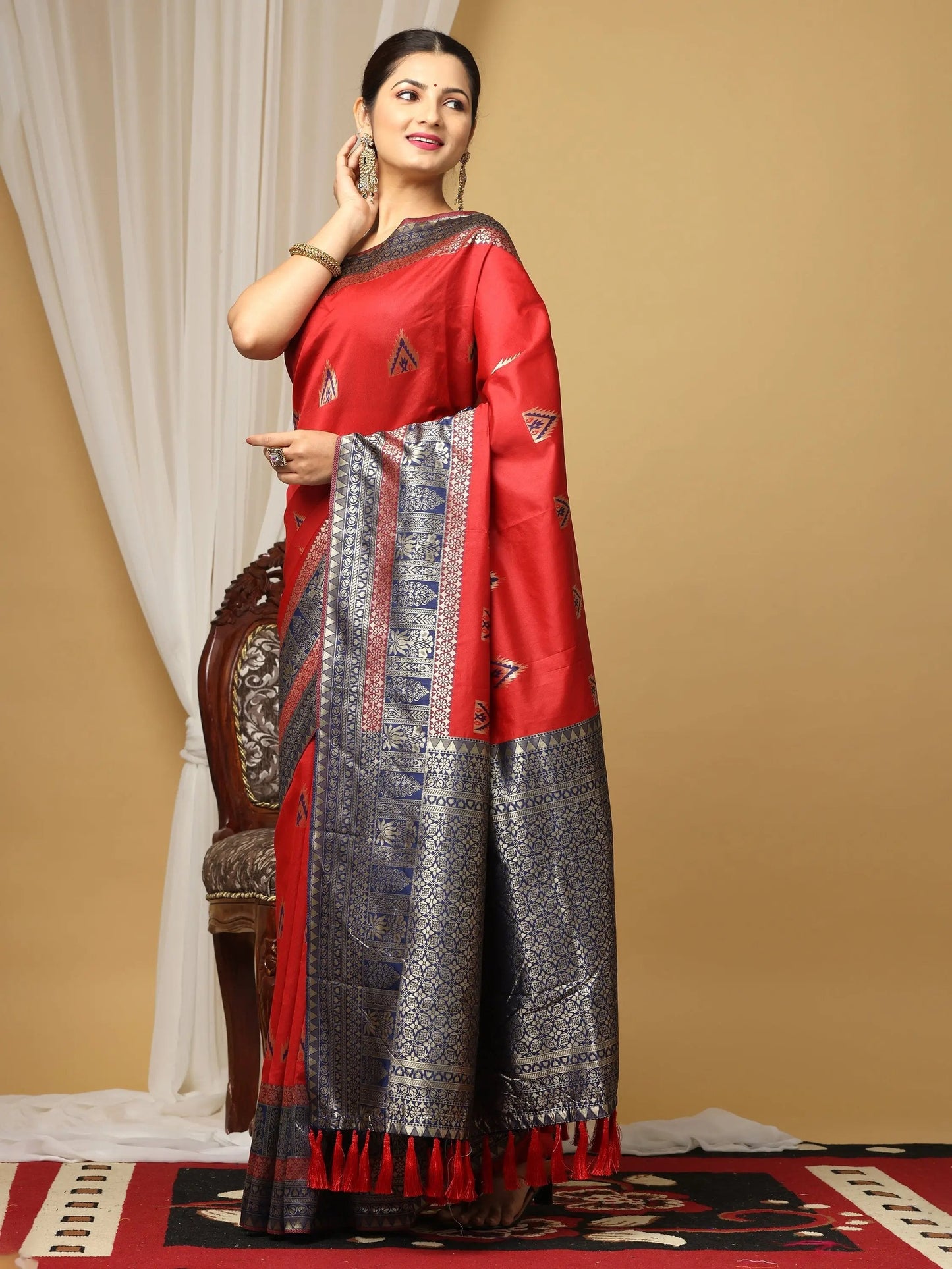Red Banarasi Katan Silk Festive Wear Saree by My Store