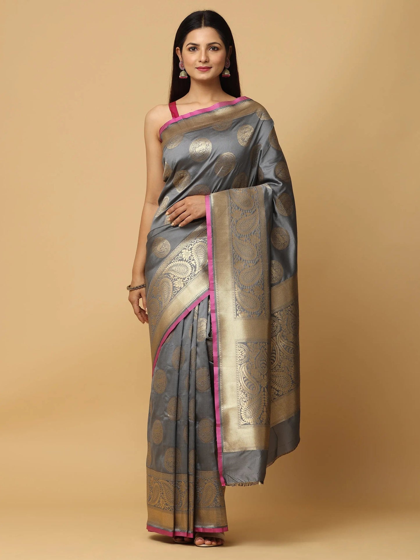 Grey Colour Banarasi Katan Silk Kanchi Zari Weaving Saree by My Store