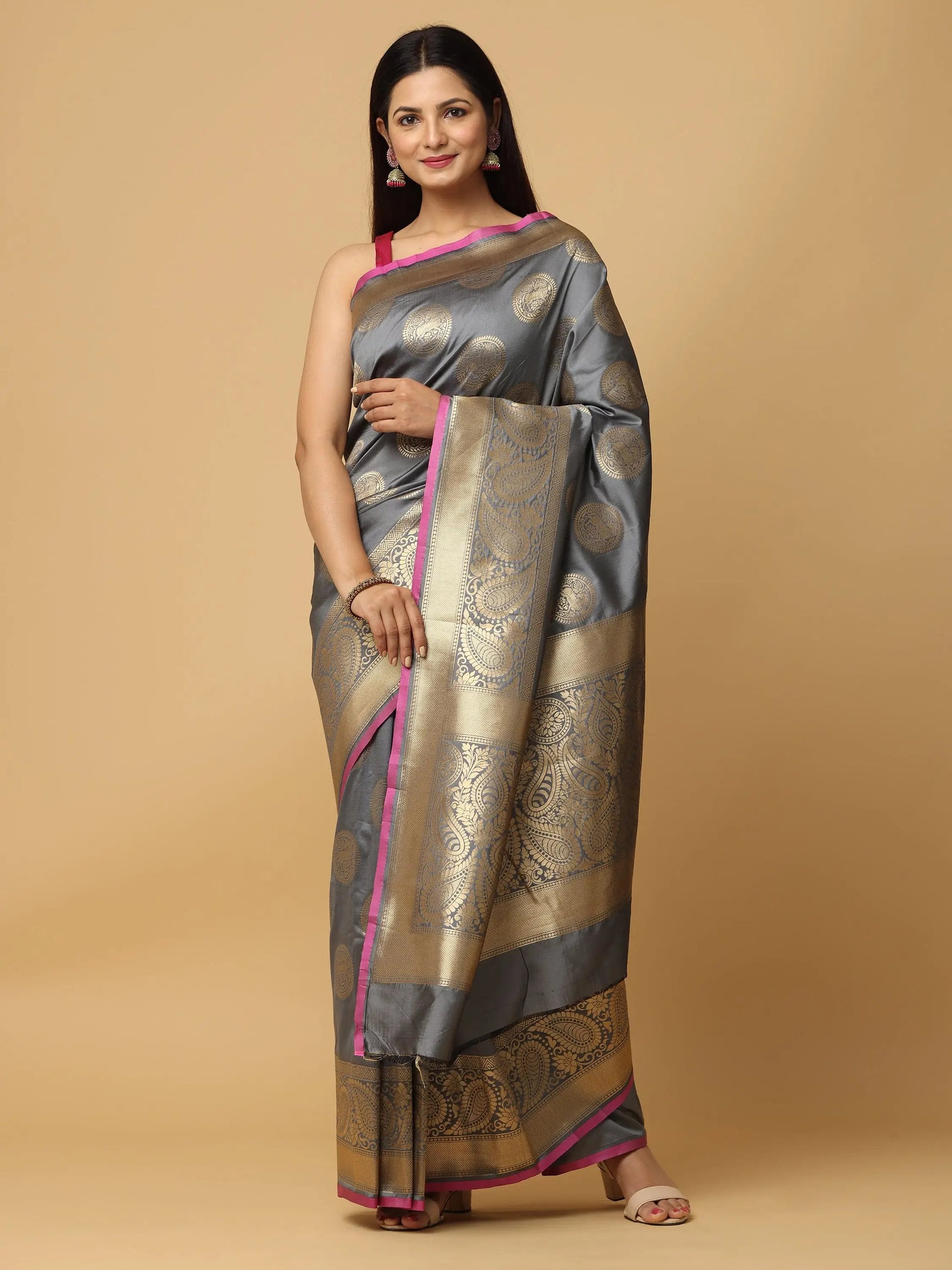 Grey Colour Banarasi Katan Silk Kanchi Zari Weaving Saree by My Store