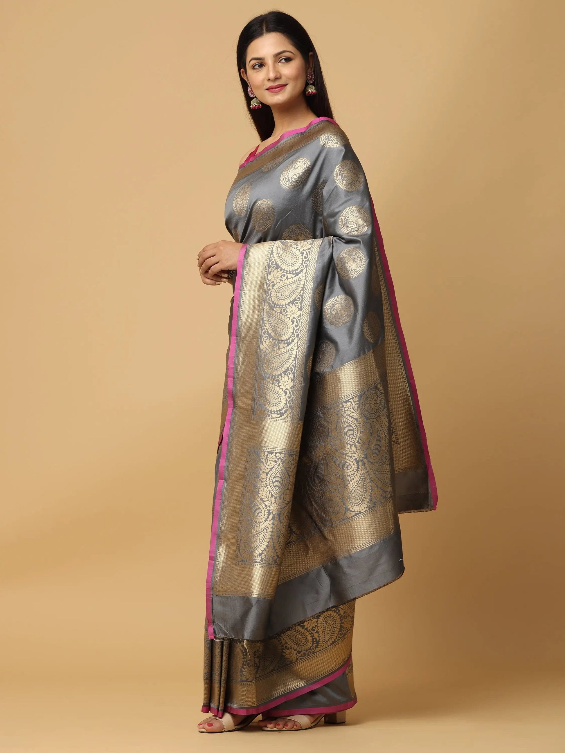 Grey Colour Banarasi Katan Silk Kanchi Zari Weaving Saree by My Store