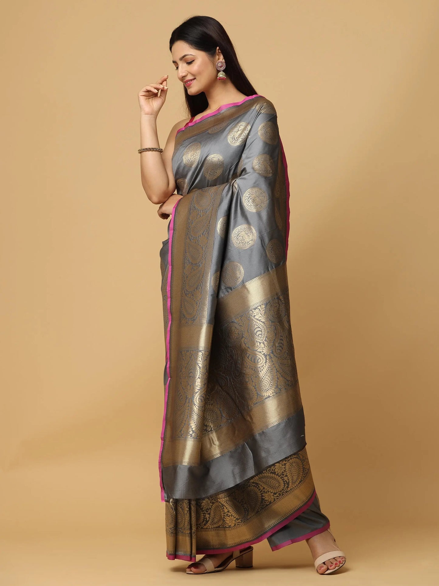 Grey Colour Banarasi Katan Silk Kanchi Zari Weaving Saree by My Store