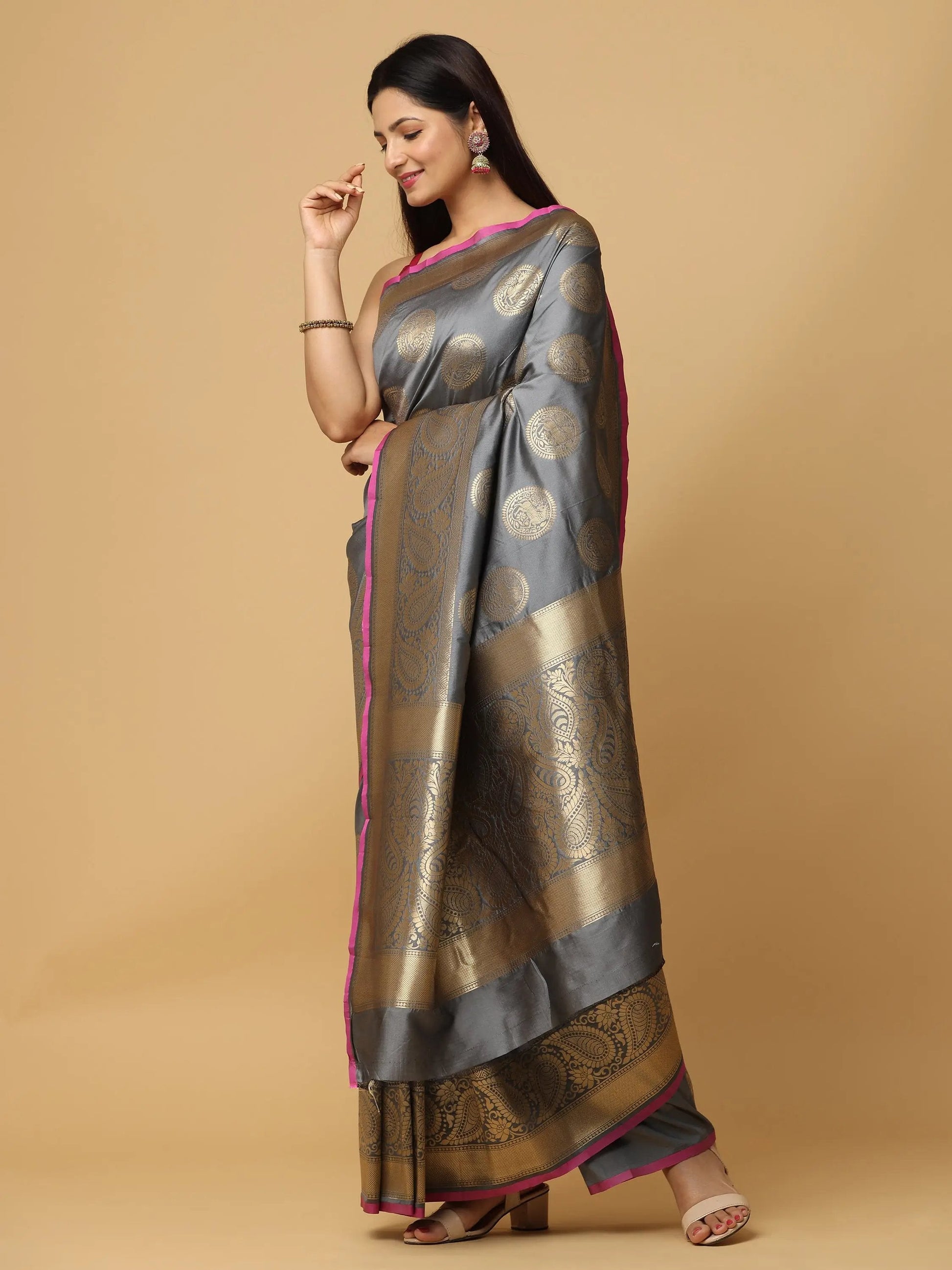 Grey Colour Banarasi Katan Silk Kanchi Zari Weaving Saree by My Store