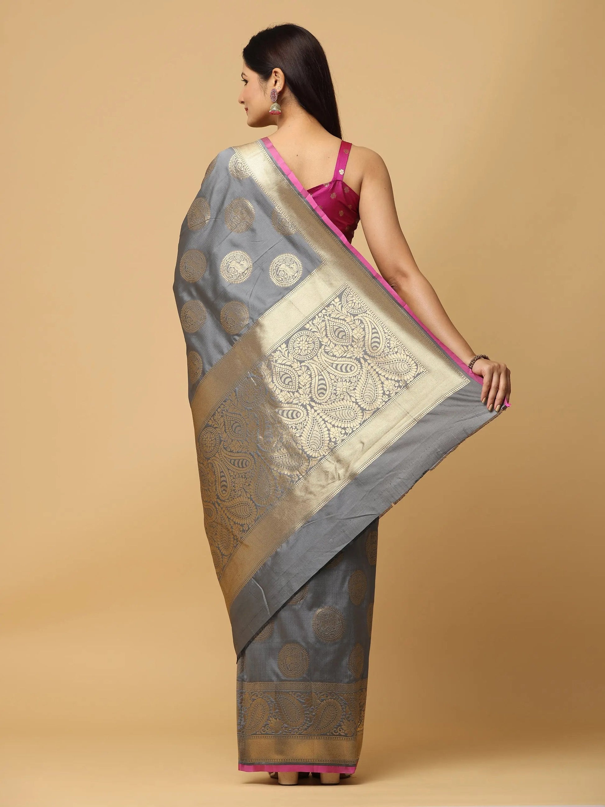 Grey Colour Banarasi Katan Silk Kanchi Zari Weaving Saree by My Store