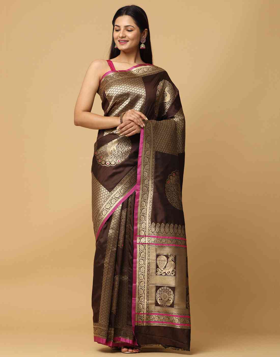 Brown Colour Banarasi Katan Silk Kanchi Zari Weaving Saree by My Store
