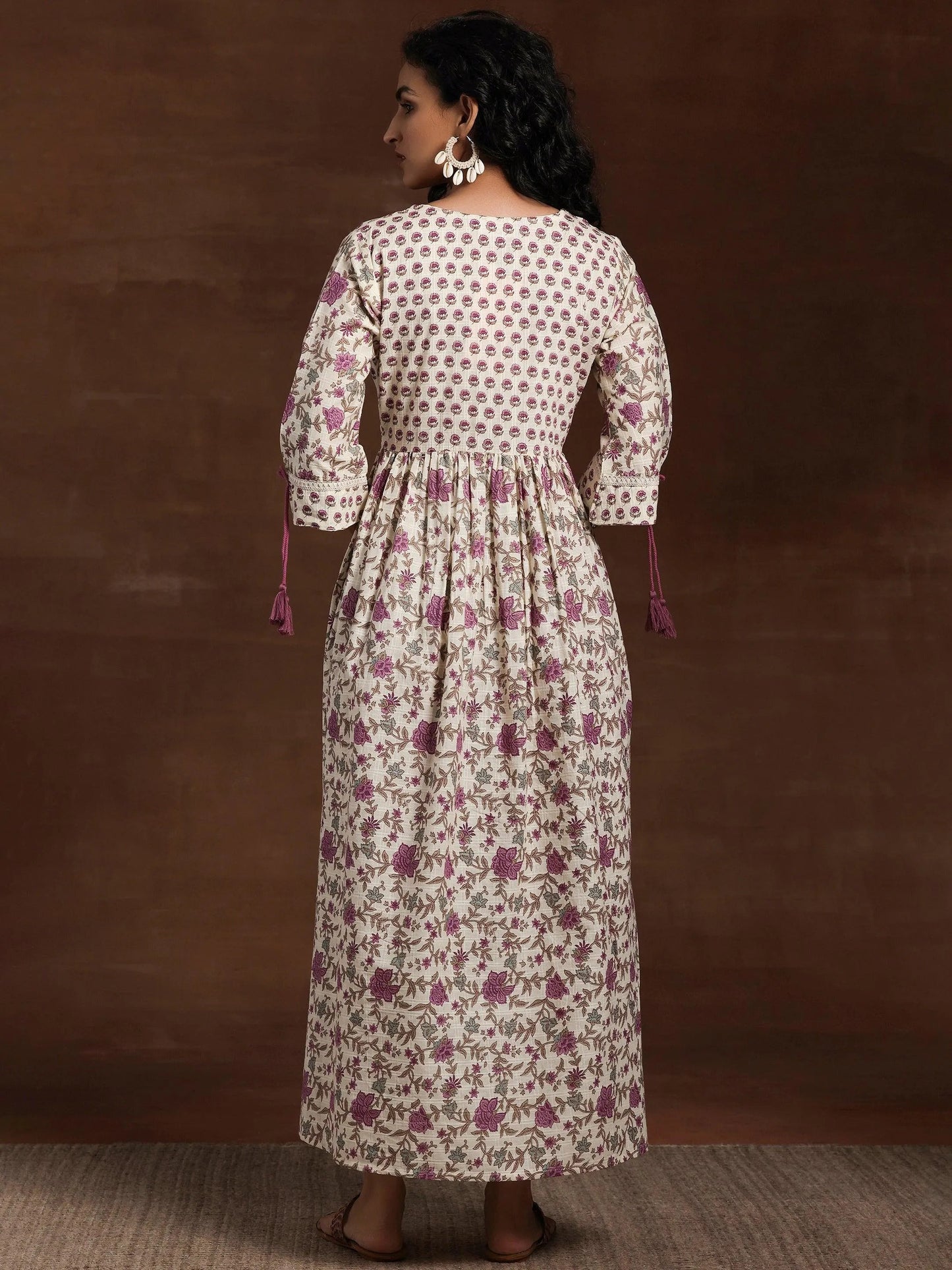 Off White Printed Cotton Fit and Flare Dress by My Store