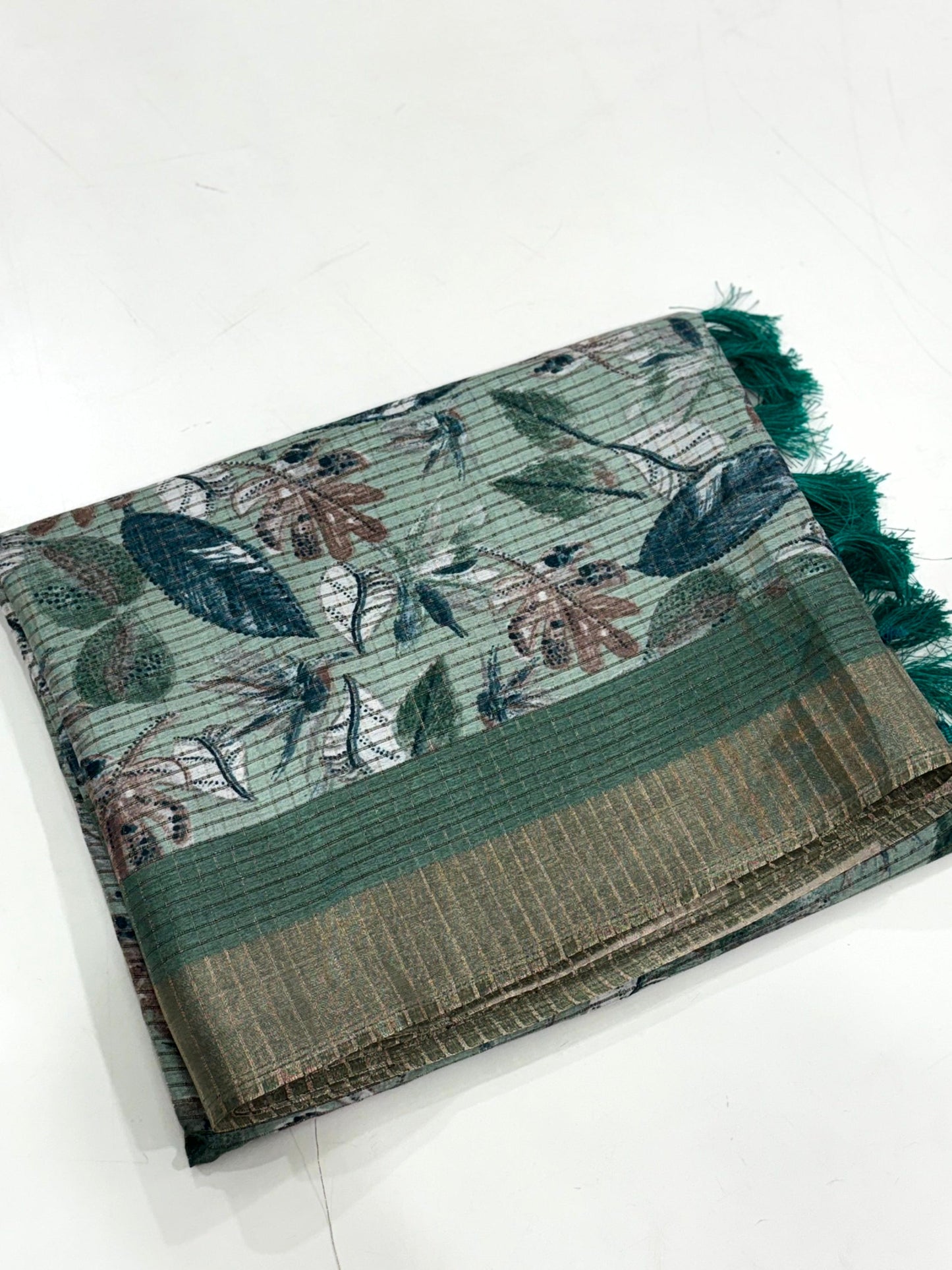 Green Tussar Chex Floral Print Saree by My Store